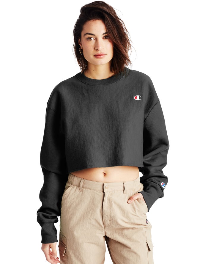 Champion Dame Sweatshirt Sort - Reverse Weave Cropped Cut-Off Crew - Danmark WJO-364971